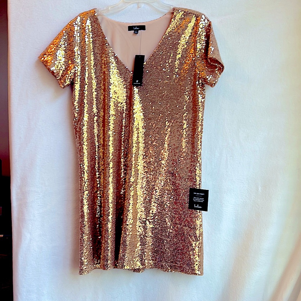 Lulus Light up The Night Champagne Sequin shift dress size large